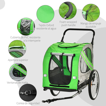 Bike Trailer for Dogs 2 in 1 Pet Transporter with Roll-up Doors Safety Belt Flag and 6 Reflectors Load 30 kg 140x72.5x108 cm Green