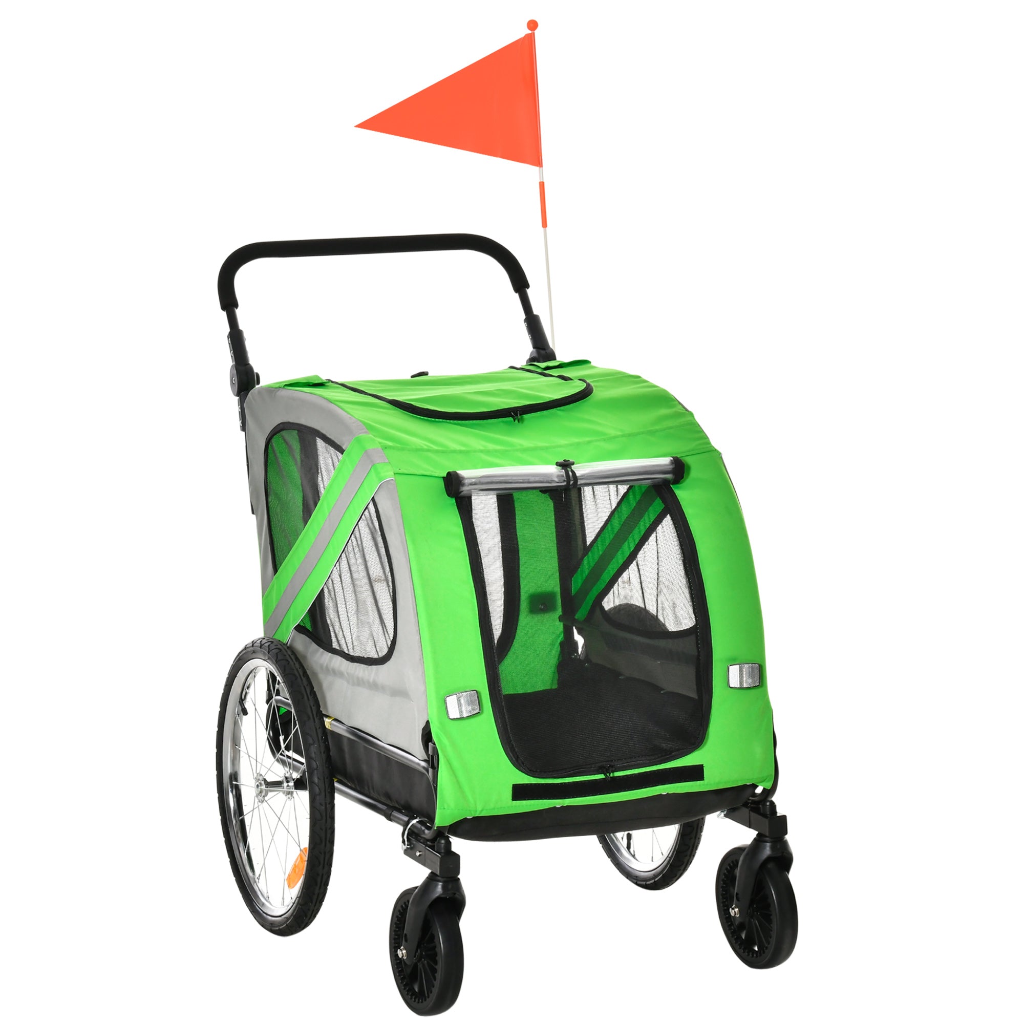 Bike Trailer for Dogs 2 in 1 Pet Transporter with Roll-up Doors Safety Belt Flag and 6 Reflectors Load 30 kg 140x72.5x108 cm Green