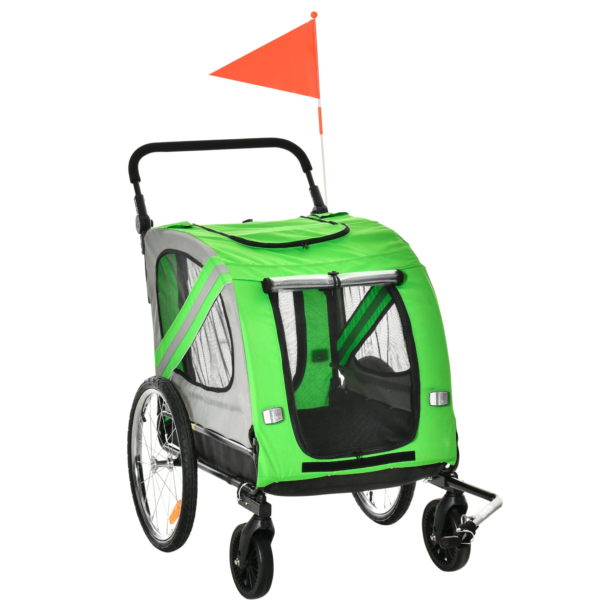 Bike Trailer for Dogs 2 in 1 Pet Transporter with Roll-up Doors Safety Belt Flag and 6 Reflectors Load 30 kg 140x72.5x108 cm Green