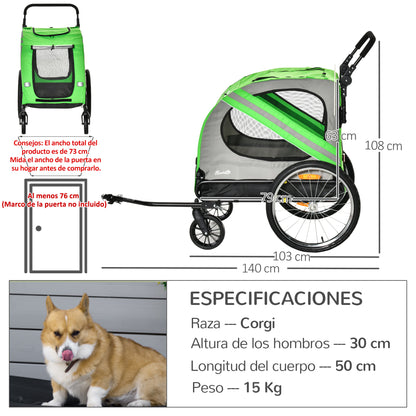 Bike Trailer for Dogs 2 in 1 Pet Transporter with Roll-up Doors Safety Belt Flag and 6 Reflectors Load 30 kg 140x72.5x108 cm Green