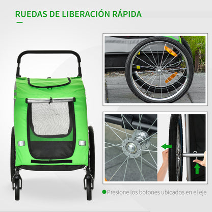 Bike Trailer for Dogs 2 in 1 Pet Transporter with Roll-up Doors Safety Belt Flag and 6 Reflectors Load 30 kg 140x72.5x108 cm Green
