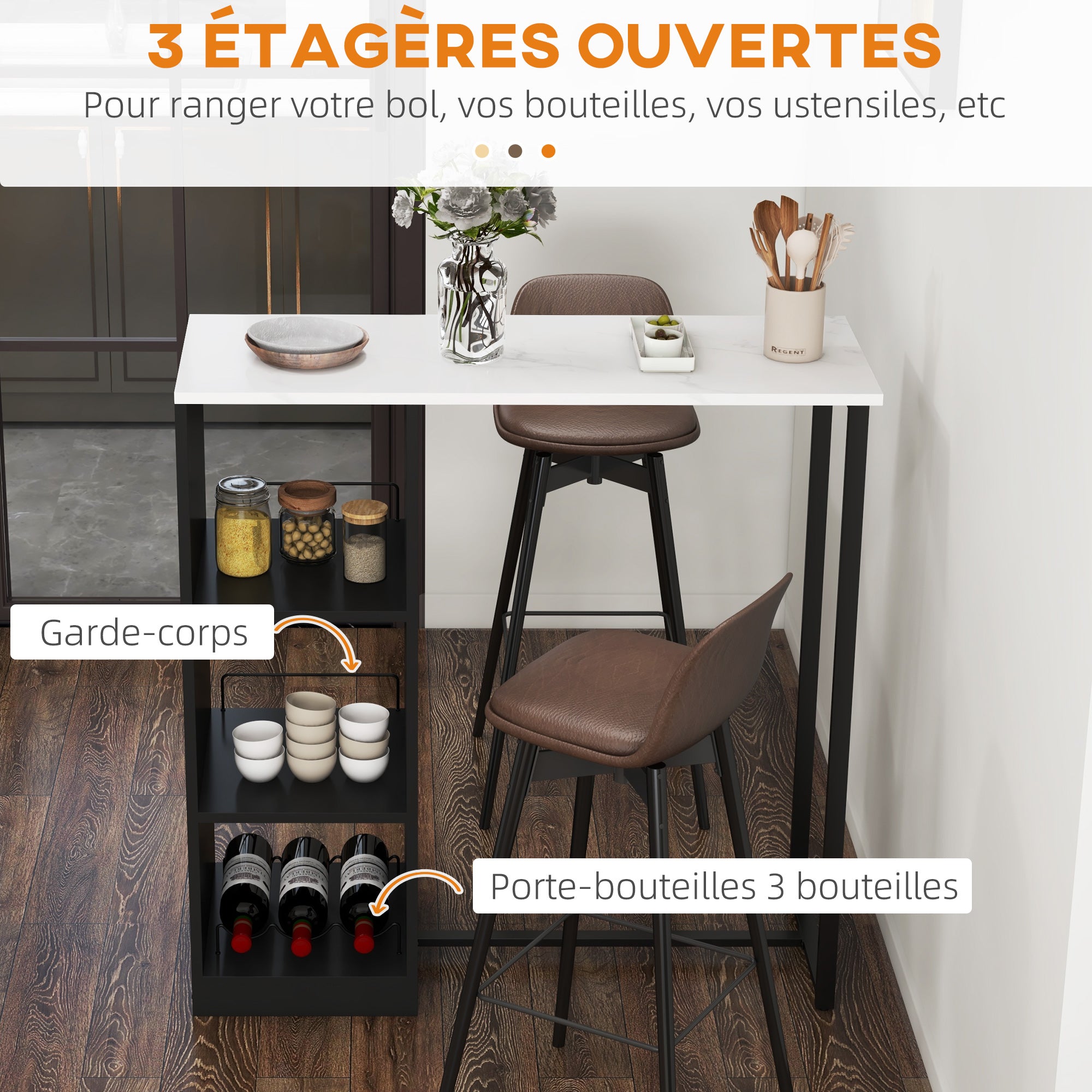 Bar Table High Kitchen Counter Table - Black Steel Frame White Marble-like Top - 105 x 40 x 105 cm White
