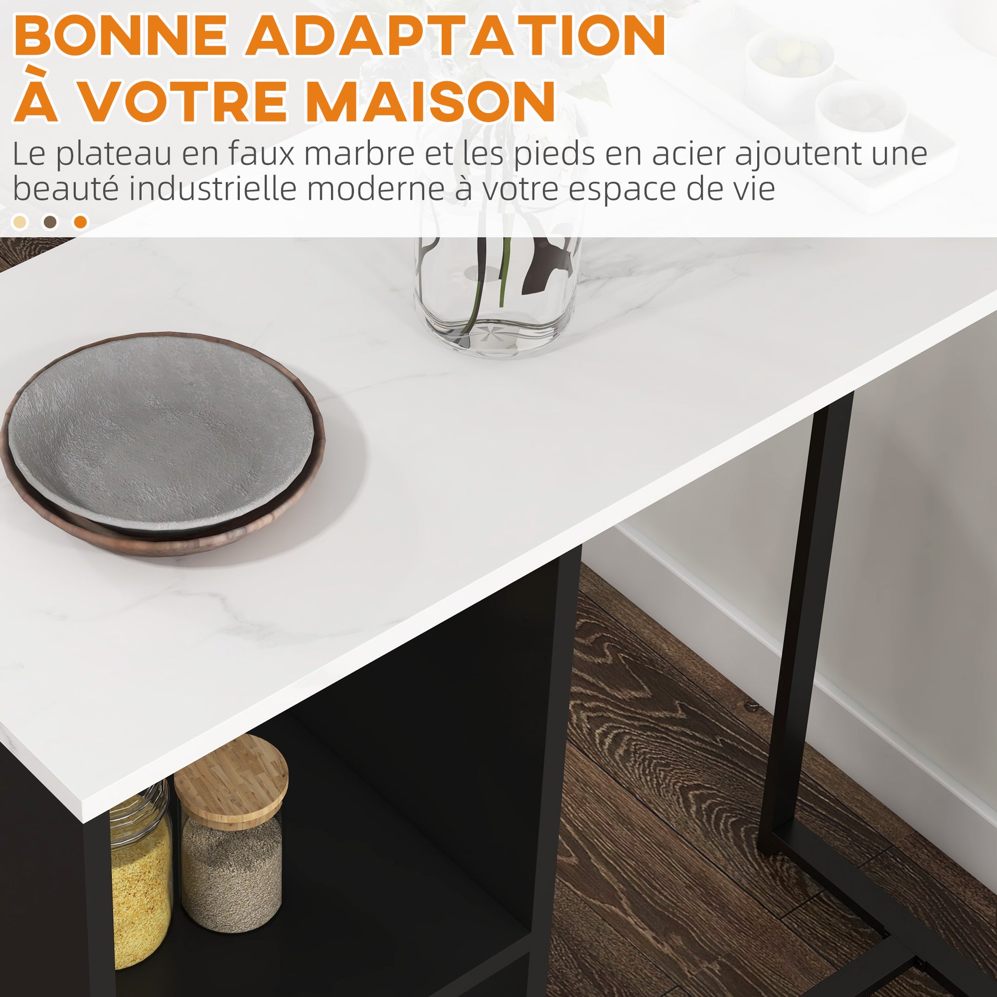 Bar Table High Kitchen Counter Table - Black Steel Frame White Marble-like Top - 105 x 40 x 105 cm White