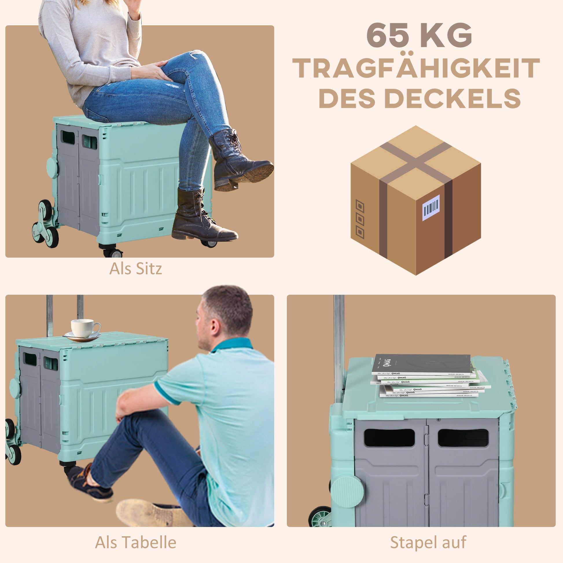 Folding Shopping Cart, Shopping Trolley with Adjustable Telescopic Handle, Stair Climber with Lid, Transport Wagon up to 80 kg Capacity, Green