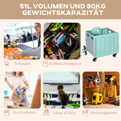 Folding Shopping Cart, Shopping Trolley with Adjustable Telescopic Handle, Stair Climber with Lid, Transport Wagon up to 80 kg Capacity, Green