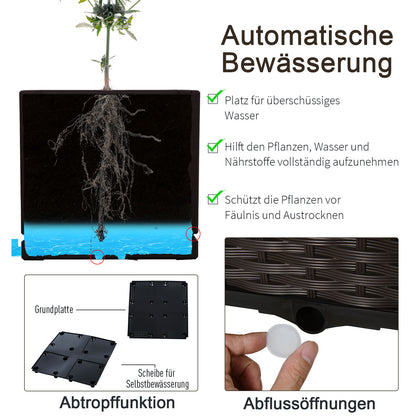 Raised Bed, Planter Box with Drainage Holes, Rattan-Look Flower Box, Plastic, Brown, 40 x 40 x 44 cm