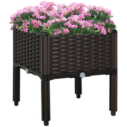 Raised Bed, Planter Box with Drainage Holes, Rattan-Look Flower Box, Plastic, Brown, 40 x 40 x 44 cm