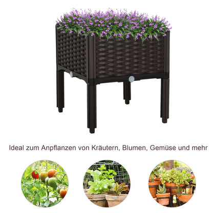 Raised Bed, Planter Box with Drainage Holes, Rattan-Look Flower Box, Plastic, Brown, 40 x 40 x 44 cm