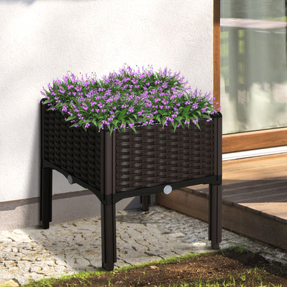 Raised Bed, Planter Box with Drainage Holes, Rattan-Look Flower Box, Plastic, Brown, 40 x 40 x 44 cm