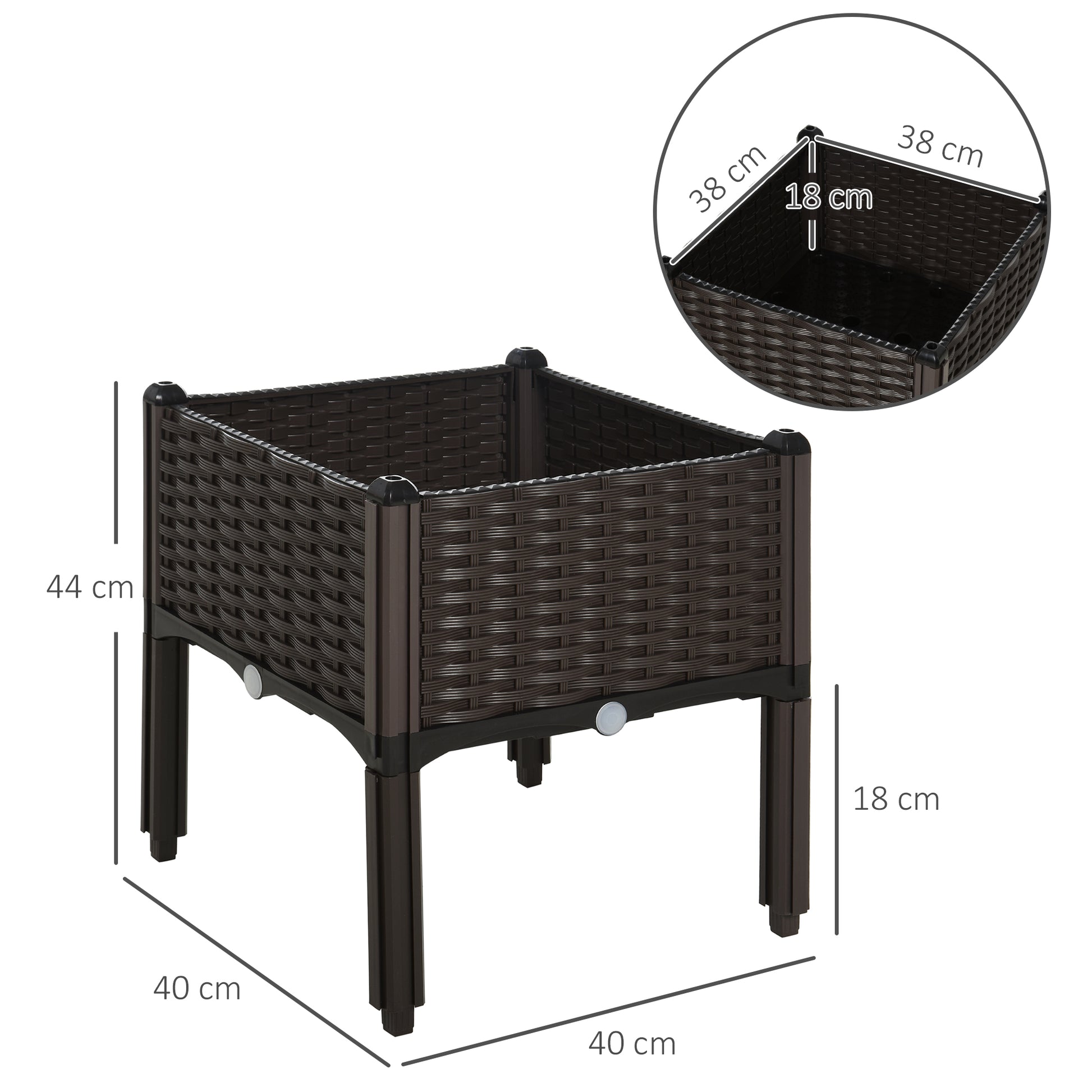 Raised Bed, Planter Box with Drainage Holes, Rattan-Look Flower Box, Plastic, Brown, 40 x 40 x 44 cm