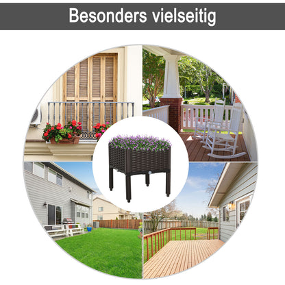 Raised Bed, Planter Box with Drainage Holes, Rattan-Look Flower Box, Plastic, Brown, 40 x 40 x 44 cm