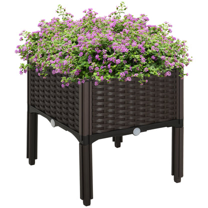 Raised Bed, Planter Box with Drainage Holes, Rattan-Look Flower Box, Plastic, Brown, 40 x 40 x 44 cm