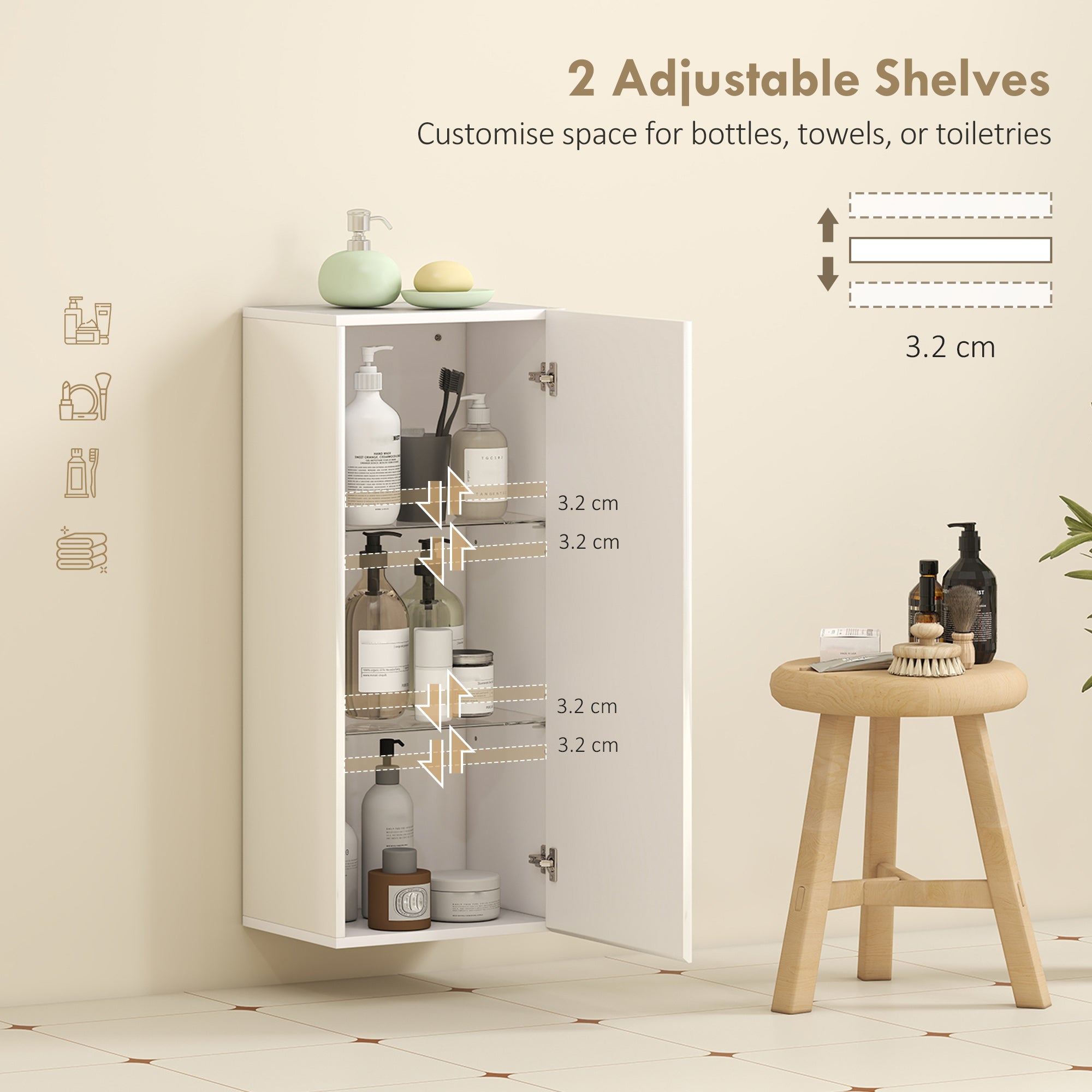 Wall-Mounted Bathroom Cabinet, Handleless Door, 2 Adjustable Tempered Glass Shelves, 11.8 x 9.2 x 28.0 in (30 x 23.4 x 71.2 cm), Glossy White