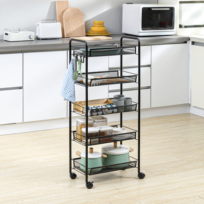 Serving Trolley with 3 Levels Kitchen Trolley with Removable Basket Hooks Handle Rolling Cart with Utility Cart Kitchen Shelf with Wheels for Kitchen Office Bathroom, Steel, Black