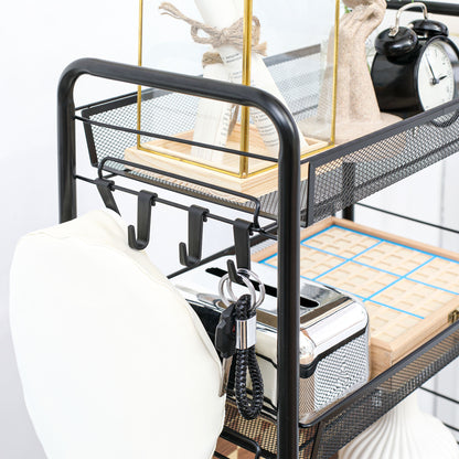 Serving Trolley with 3 Levels Kitchen Trolley with Removable Basket Hooks Handle Rolling Cart with Utility Cart Kitchen Shelf with Wheels for Kitchen Office Bathroom, Steel, Black