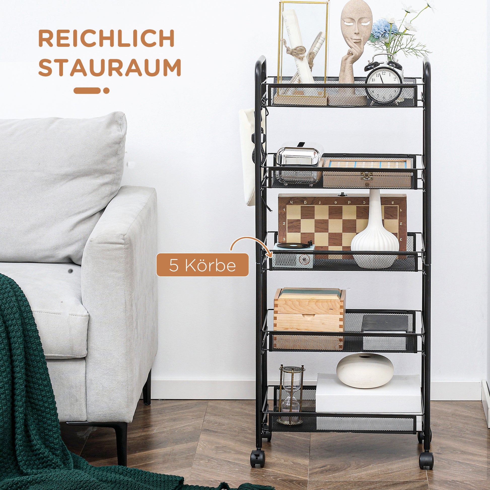 Serving Trolley with 3 Levels Kitchen Trolley with Removable Basket Hooks Handle Rolling Cart with Utility Cart Kitchen Shelf with Wheels for Kitchen Office Bathroom, Steel, Black