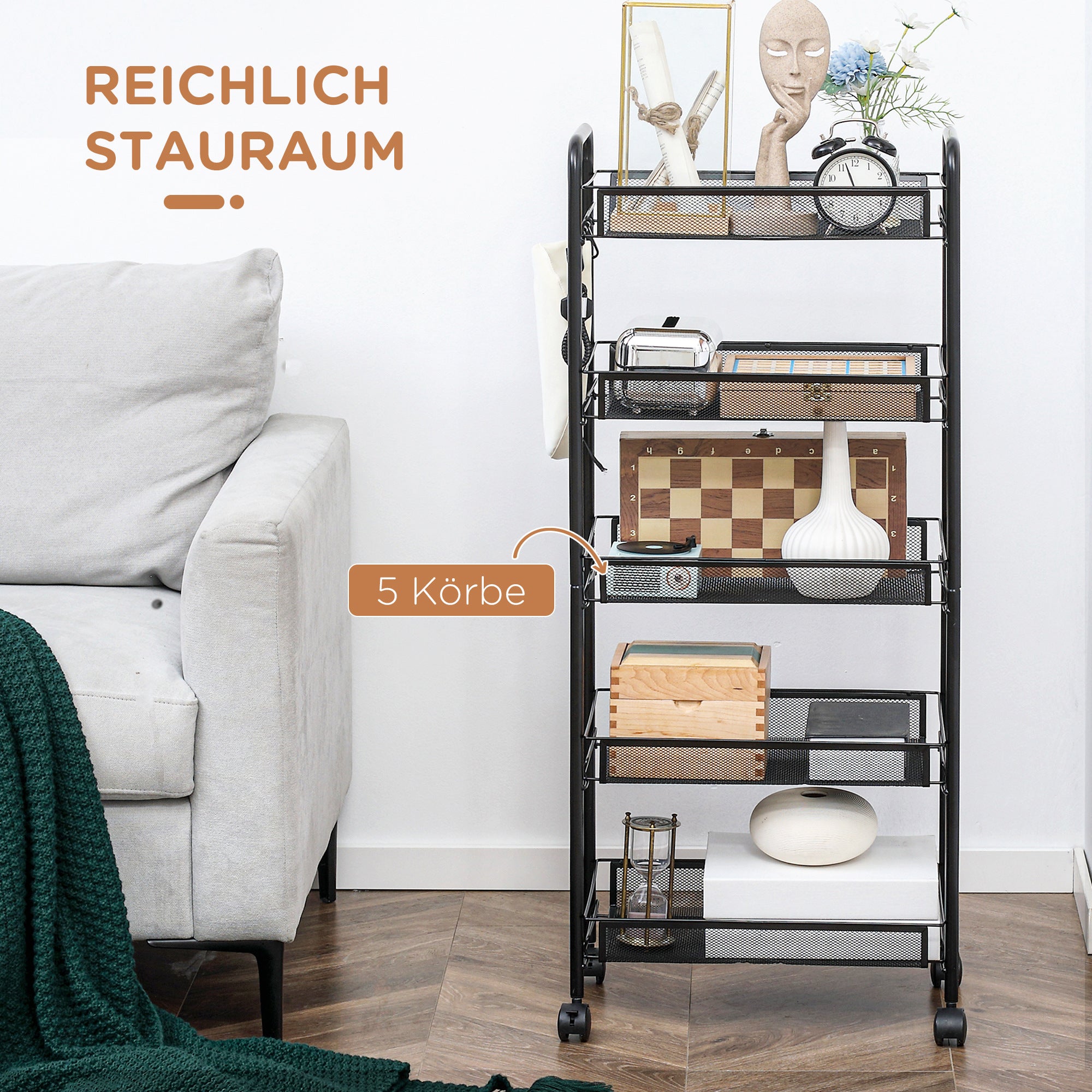 Serving Trolley with 3 Levels Kitchen Trolley with Removable Basket Hooks Handle Rolling Cart with Utility Cart Kitchen Shelf with Wheels for Kitchen Office Bathroom, Steel, Black