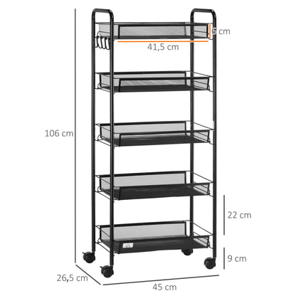 Serving Trolley with 3 Levels Kitchen Trolley with Removable Basket Hooks Handle Rolling Cart with Utility Cart Kitchen Shelf with Wheels for Kitchen Office Bathroom, Steel, Black
