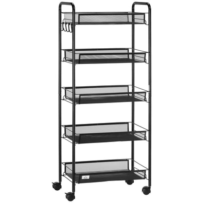 Serving Trolley with 3 Levels Kitchen Trolley with Removable Basket Hooks Handle Rolling Cart with Utility Cart Kitchen Shelf with Wheels for Kitchen Office Bathroom, Steel, Black
