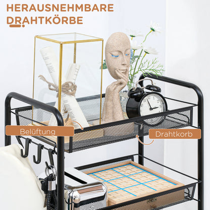 Serving Trolley with 3 Levels Kitchen Trolley with Removable Basket Hooks Handle Rolling Cart with Utility Cart Kitchen Shelf with Wheels for Kitchen Office Bathroom, Steel, Black