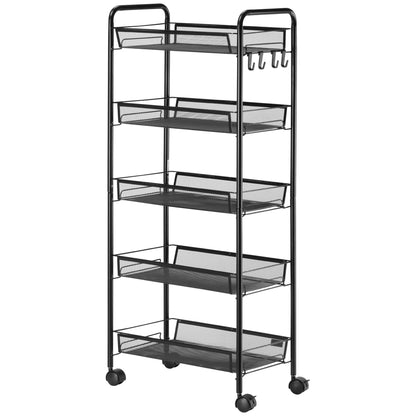 Serving Trolley with 3 Levels Kitchen Trolley with Removable Basket Hooks Handle Rolling Cart with Utility Cart Kitchen Shelf with Wheels for Kitchen Office Bathroom, Steel, Black