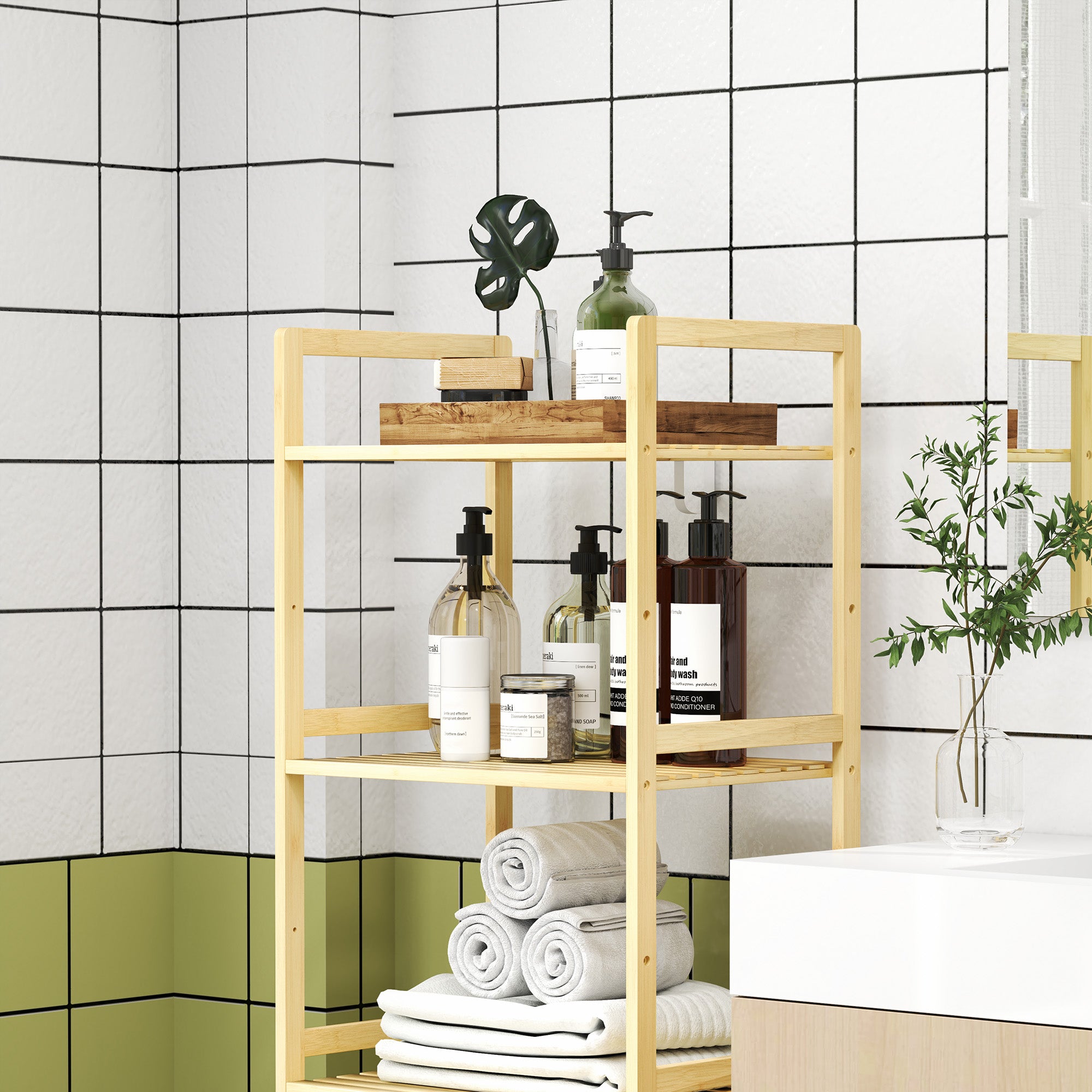 Bathroom Shelf, 5-Tier Bamboo Storage Rack, Stand Shelf with Adjustable Shelves for Bathroom, Living Room, Kitchen, 43.5 x 31.5 x 142 cm, Natural Wood