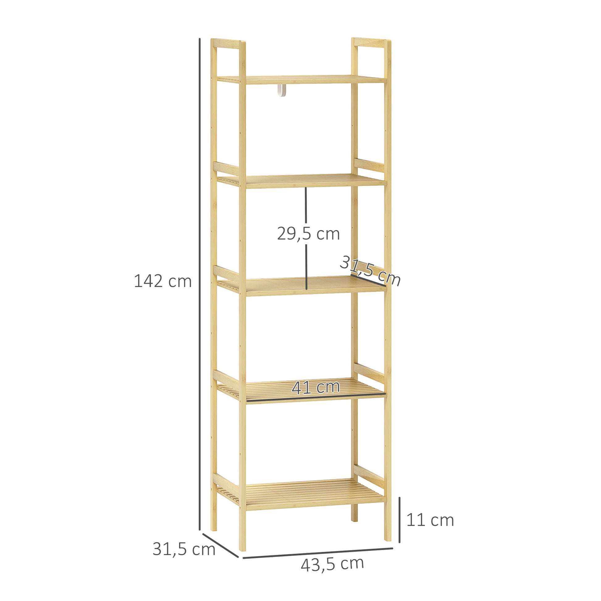 Bathroom Shelf, 5-Tier Bamboo Storage Rack, Stand Shelf with Adjustable Shelves for Bathroom, Living Room, Kitchen, 43.5 x 31.5 x 142 cm, Natural Wood
