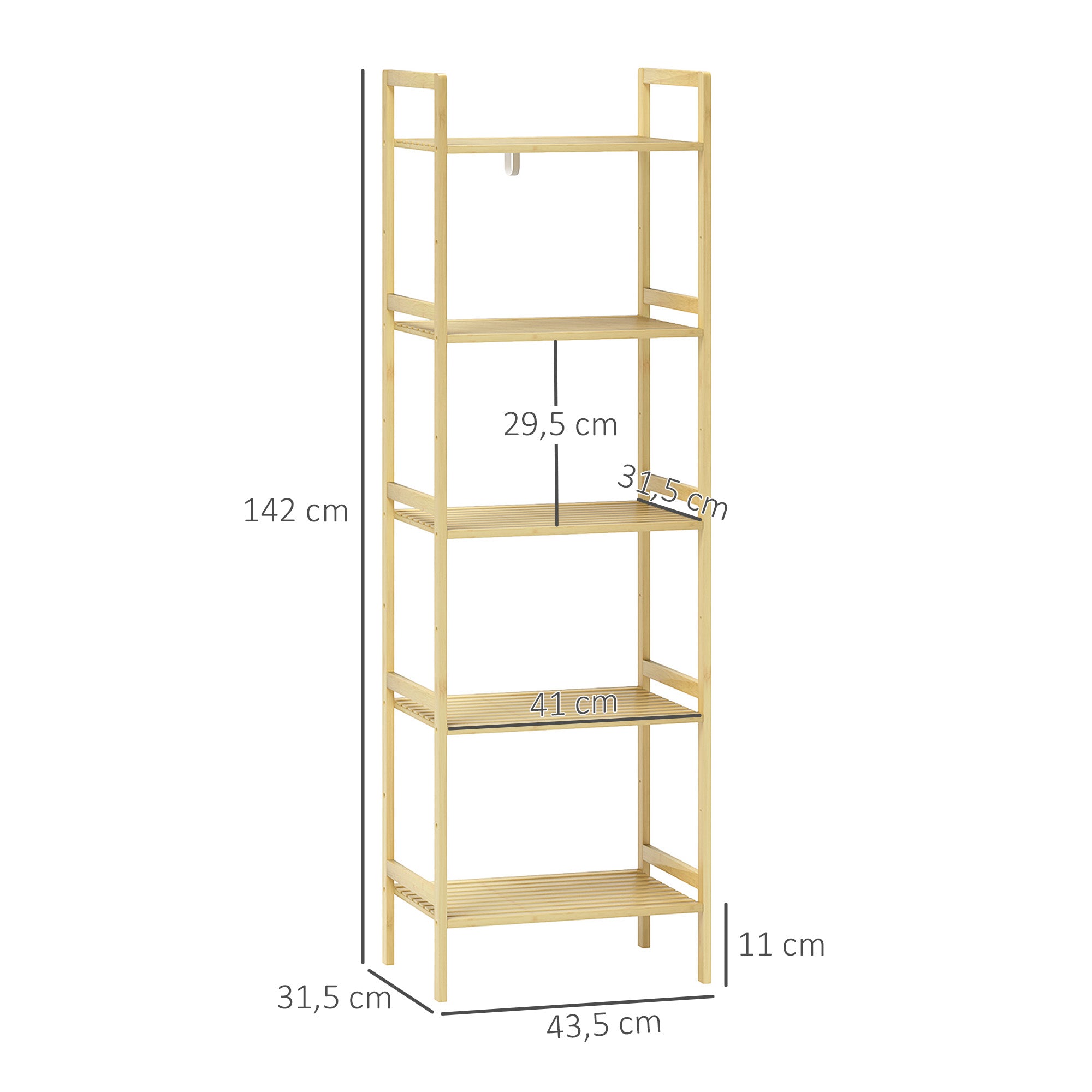 Bathroom Shelf, 5-Tier Bamboo Storage Rack, Stand Shelf with Adjustable Shelves for Bathroom, Living Room, Kitchen, 43.5 x 31.5 x 142 cm, Natural Wood