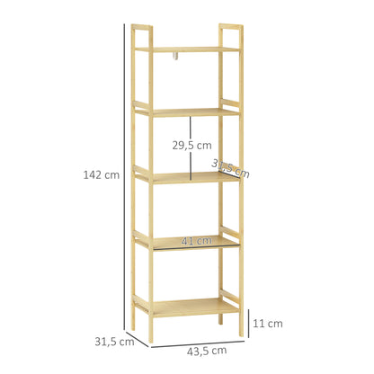 Bathroom Shelf, 5-Tier Bamboo Storage Rack, Stand Shelf with Adjustable Shelves for Bathroom, Living Room, Kitchen, 43.5 x 31.5 x 142 cm, Natural Wood