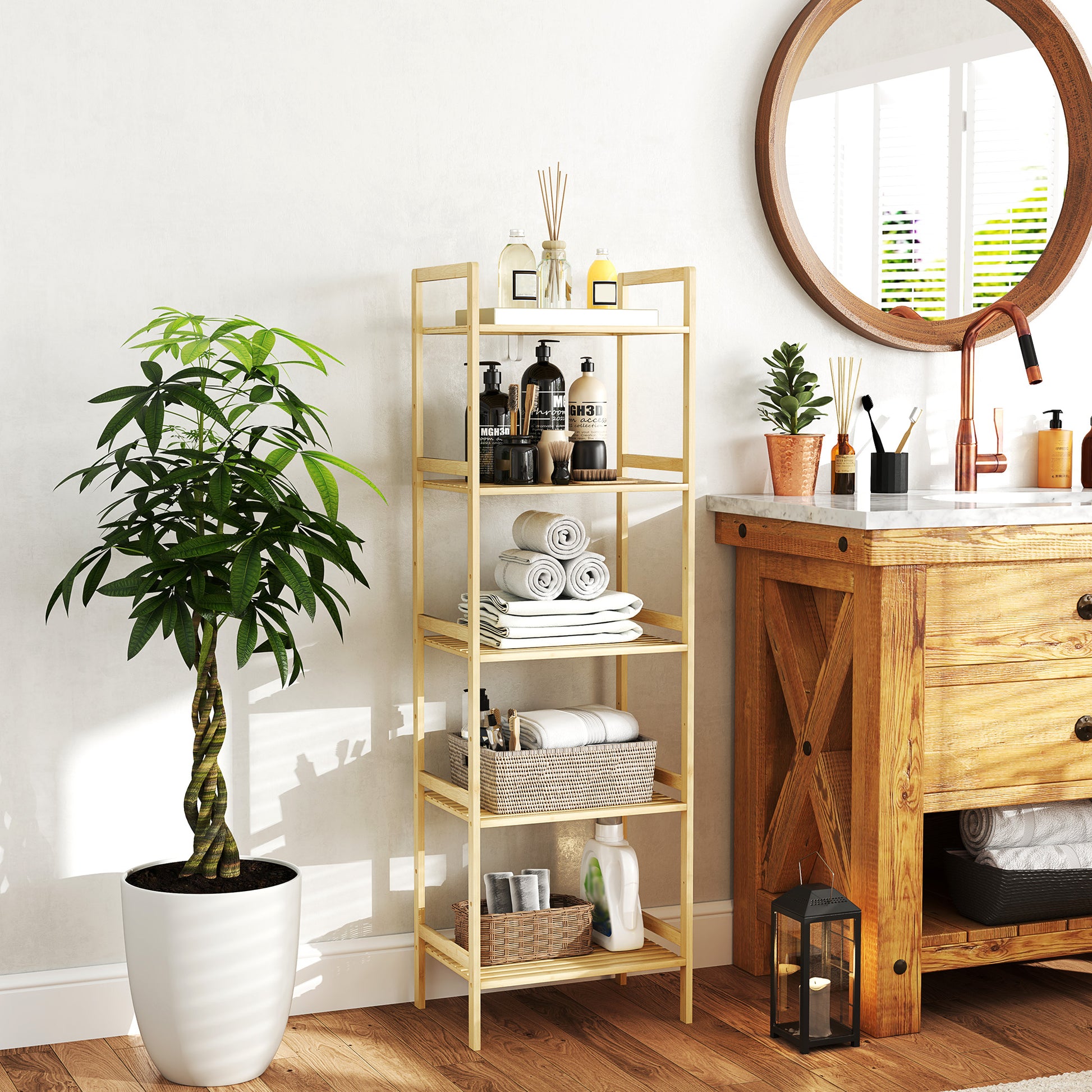 Bathroom Shelf, 5-Tier Bamboo Storage Rack, Stand Shelf with Adjustable Shelves for Bathroom, Living Room, Kitchen, 43.5 x 31.5 x 142 cm, Natural Wood