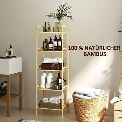 Bathroom Shelf, 5-Tier Bamboo Storage Rack, Stand Shelf with Adjustable Shelves for Bathroom, Living Room, Kitchen, 43.5 x 31.5 x 142 cm, Natural Wood