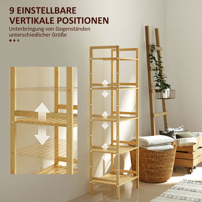 Bathroom Shelf, 5-Tier Bamboo Storage Rack, Stand Shelf with Adjustable Shelves for Bathroom, Living Room, Kitchen, 43.5 x 31.5 x 142 cm, Natural Wood