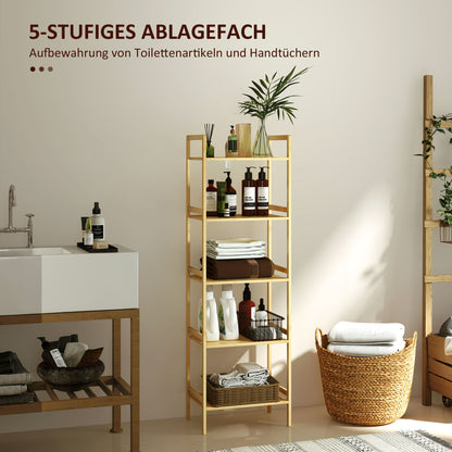 Bathroom Shelf, 5-Tier Bamboo Storage Rack, Stand Shelf with Adjustable Shelves for Bathroom, Living Room, Kitchen, 43.5 x 31.5 x 142 cm, Natural Wood