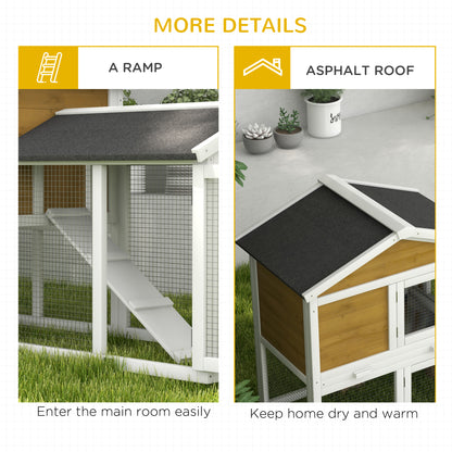 2-Story Weatherproof Wooden Rabbit Hutch 147 x 54 x 84 cm (57.9 x 21.3 x 33.1 in) – Waterproof Bitumen Roof, Run, Ramp & Doors, Yellow