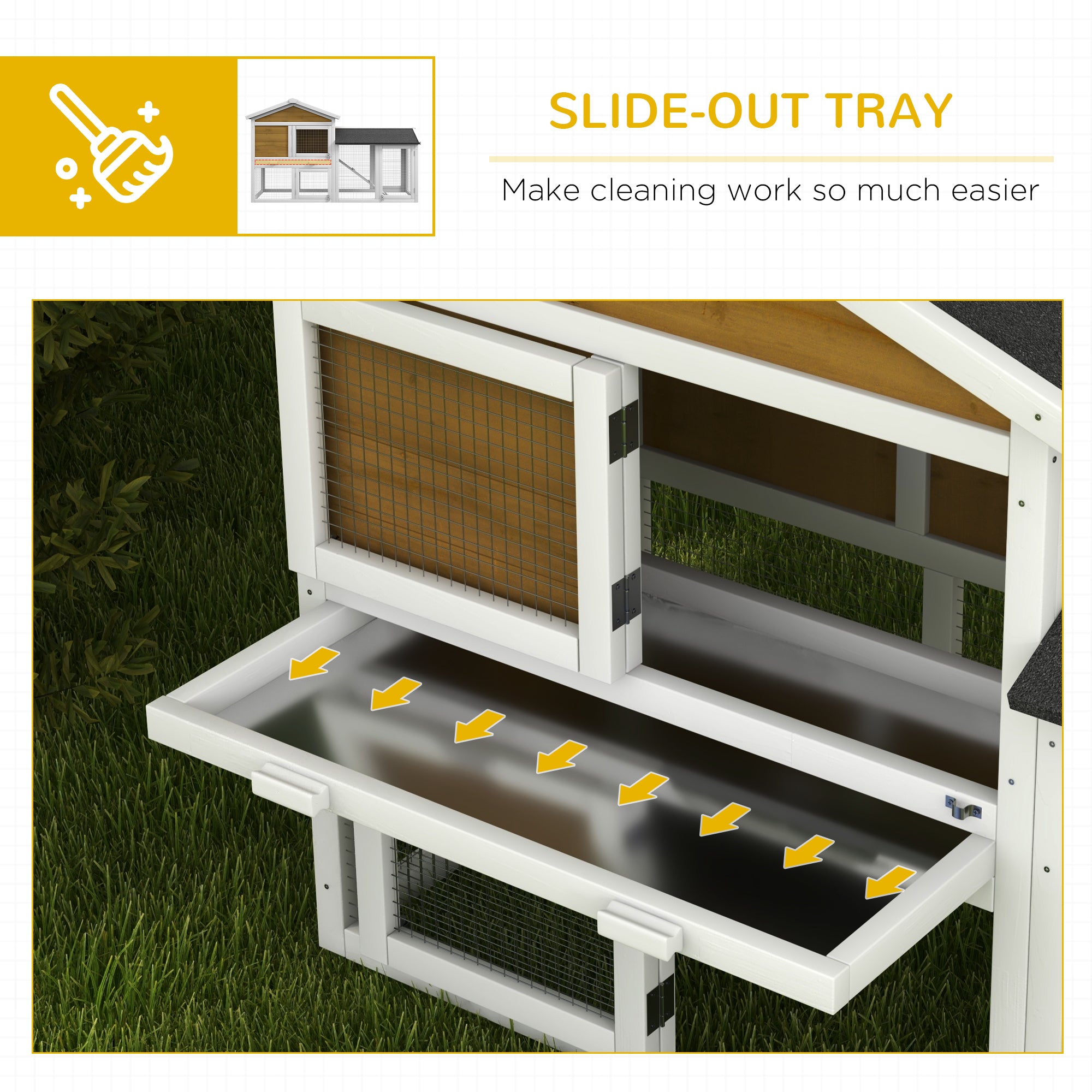 2-Story Weatherproof Wooden Rabbit Hutch 147 x 54 x 84 cm (57.9 x 21.3 x 33.1 in) – Waterproof Bitumen Roof, Run, Ramp & Doors, Yellow