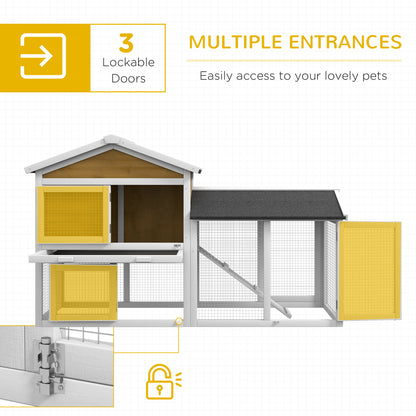 2-Story Weatherproof Wooden Rabbit Hutch 147 x 54 x 84 cm (57.9 x 21.3 x 33.1 in) – Waterproof Bitumen Roof, Run, Ramp & Doors, Yellow