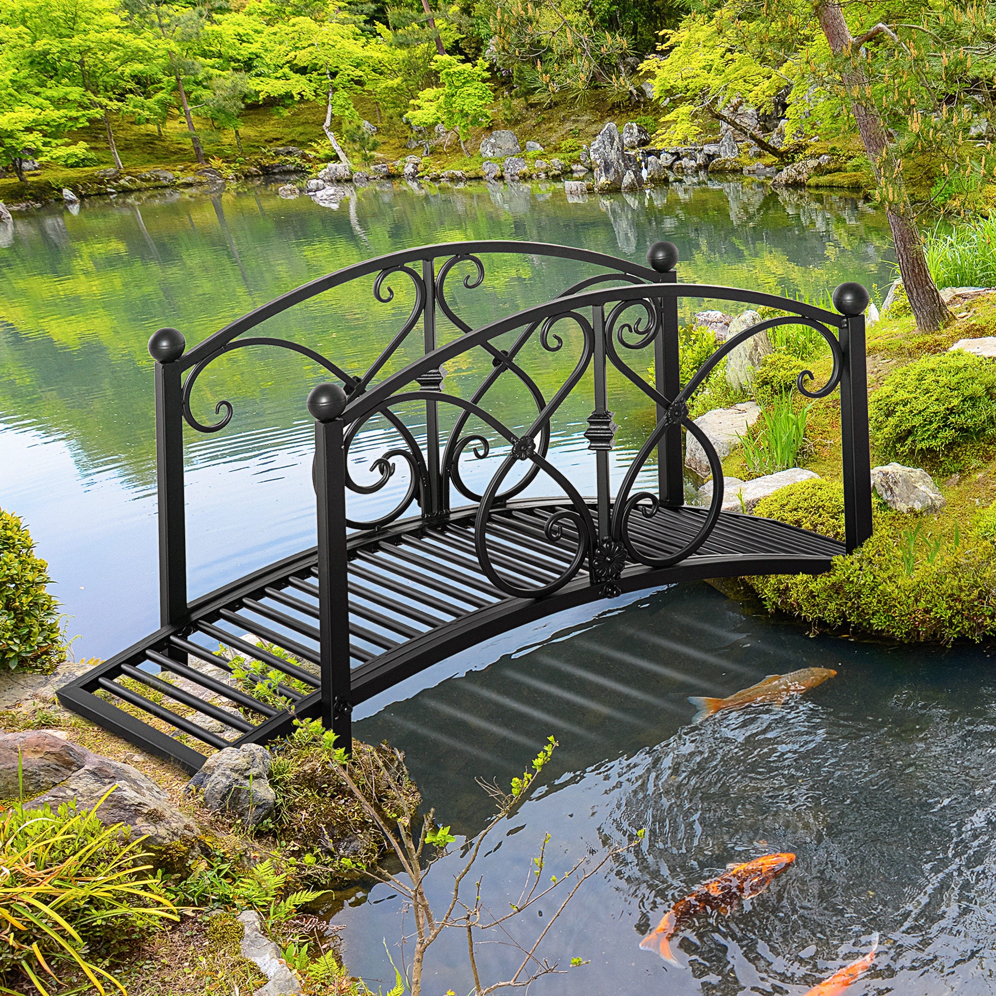 Metal Garden Bridge Garden Decoration with Side Railings Pond Bridge Vintage Style Maximum Load 150 kg 102 x 48 x 49 cm Black