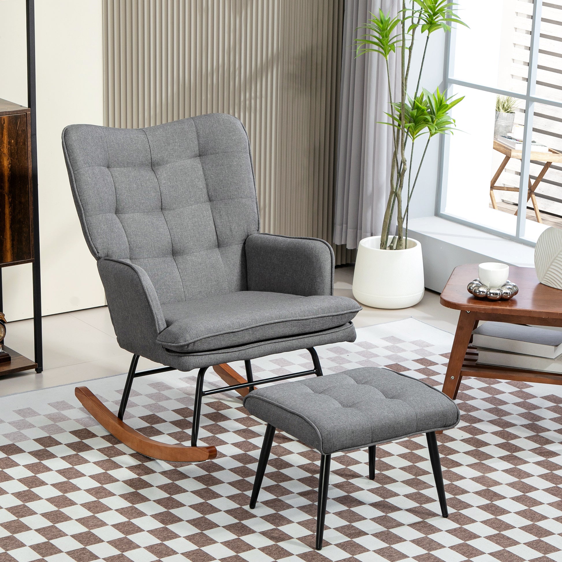 Rocking Chair with Ottoman, Armchair, Nursing Chair with Linen Look, Rocking Chair up to 130 kg Capacity for Bedroom, Living Room, Dark Gray