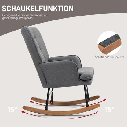 Schaukelstuhl Schwingsessel mit Hocker, Armlehnsessel, Sessel mit Leinenoptik, Schaukelsessel bis 130 kg Belastbarkeit für Schlafzimmer, Wohnzimmer, Dunkelgrau