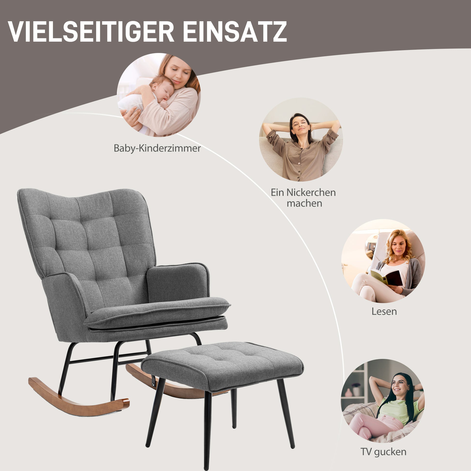 Rocking Chair with Ottoman, Armchair, Nursing Chair with Linen Look, Rocking Chair up to 130 kg Capacity for Bedroom, Living Room, Dark Gray