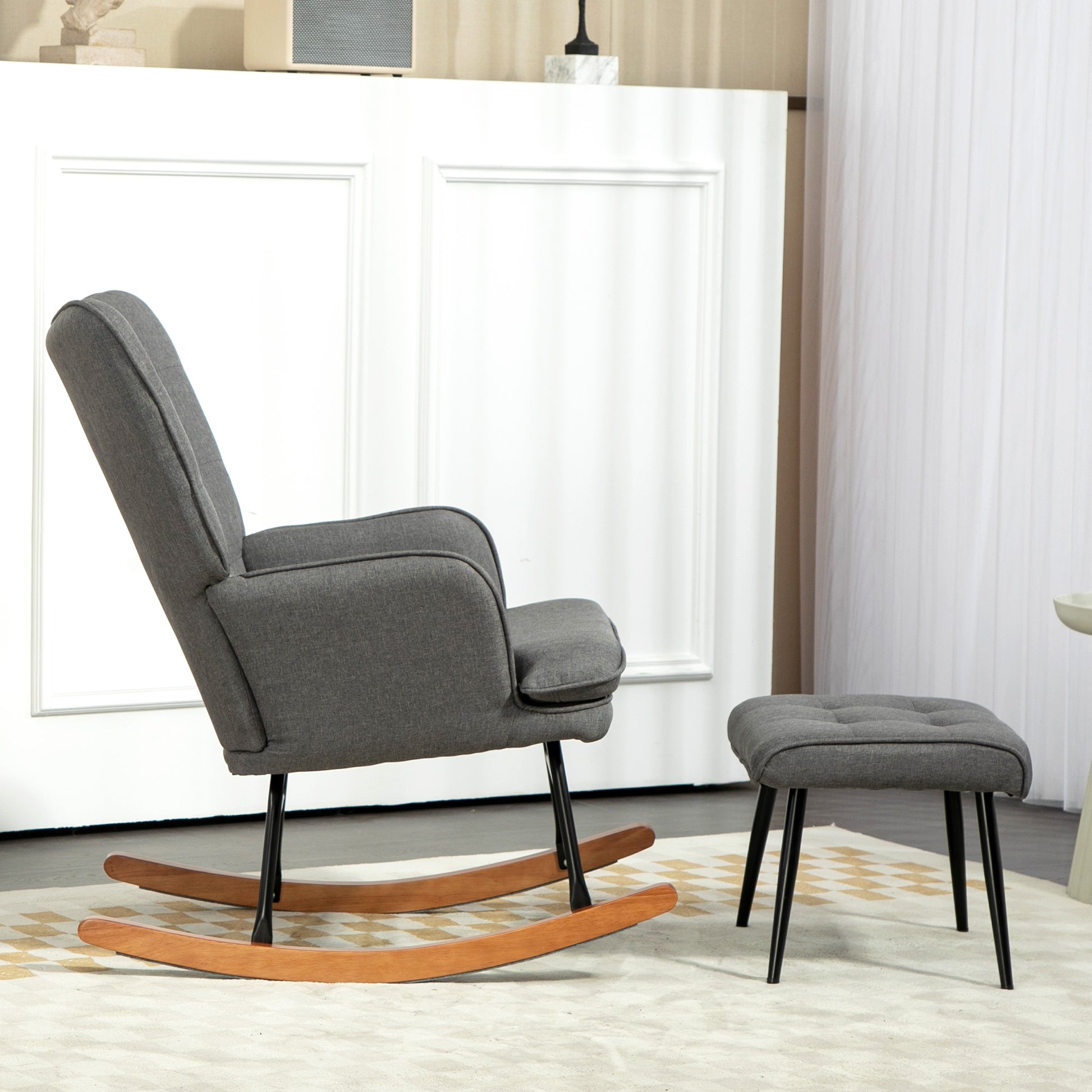 Rocking Chair with Ottoman, Armchair, Nursing Chair with Linen Look, Rocking Chair up to 130 kg Capacity for Bedroom, Living Room, Dark Gray