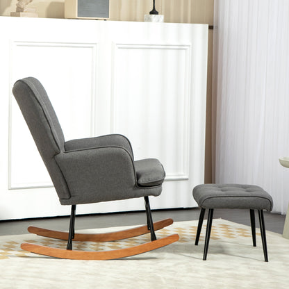 Schaukelstuhl Schwingsessel mit Hocker, Armlehnsessel, Sessel mit Leinenoptik, Schaukelsessel bis 130 kg Belastbarkeit für Schlafzimmer, Wohnzimmer, Dunkelgrau