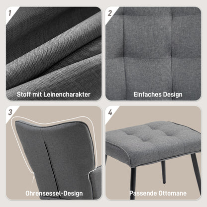 Schaukelstuhl Schwingsessel mit Hocker, Armlehnsessel, Sessel mit Leinenoptik, Schaukelsessel bis 130 kg Belastbarkeit für Schlafzimmer, Wohnzimmer, Dunkelgrau