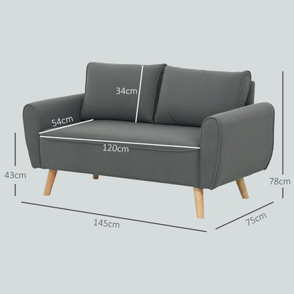 Two-Seater Sofa with 2 Pillows, Upholstered Sofa with 54cm Extra Deep Seats, Double Sofa in Corduroy, Small Sofa with Wood Frame 2-Seater Couch for Living Room Bedroom Office, 145 x 75 x 78 cm, Dark Gray