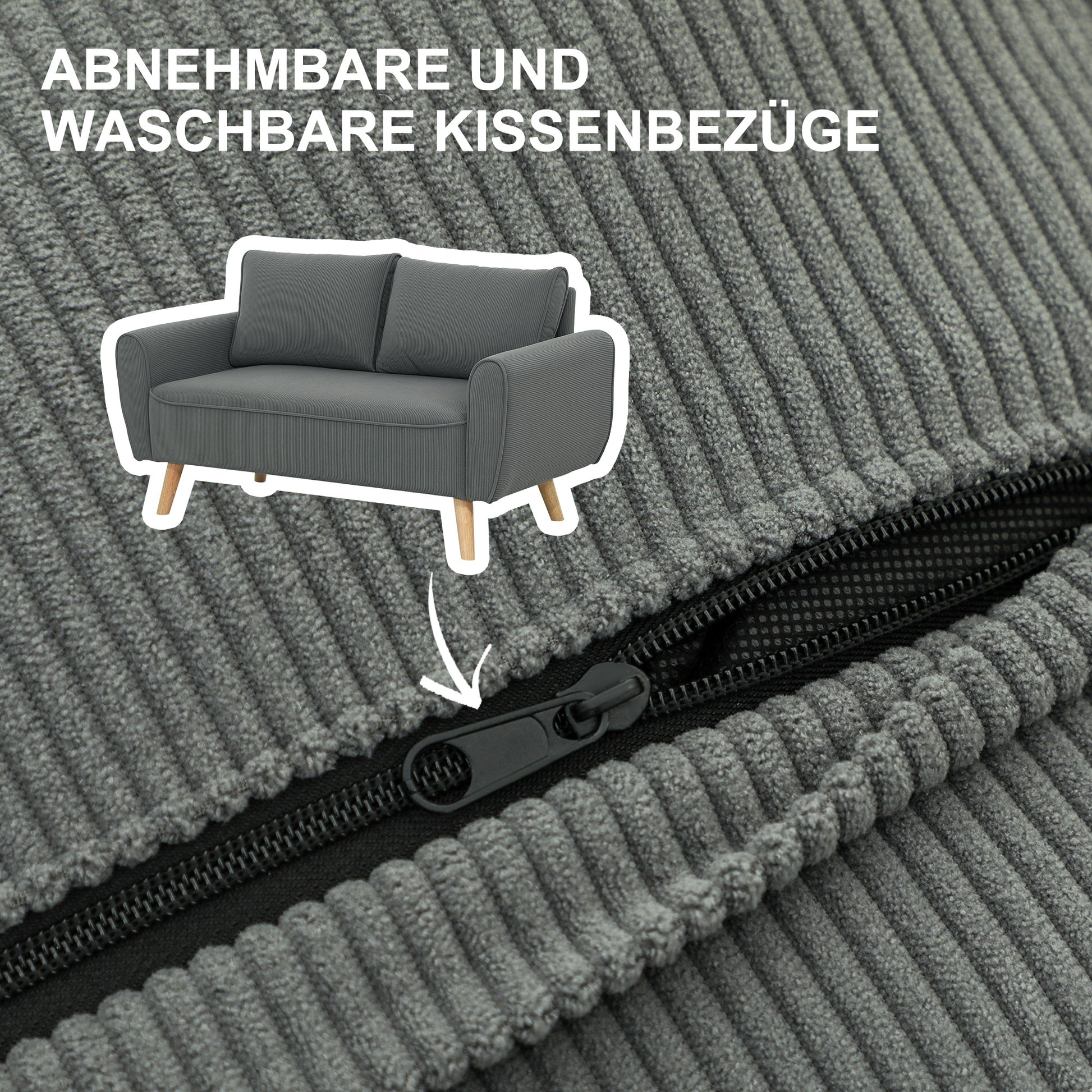 Two-Seater Sofa with 2 Pillows, Upholstered Sofa with 54cm Extra Deep Seats, Double Sofa in Corduroy, Small Sofa with Wood Frame 2-Seater Couch for Living Room Bedroom Office, 145 x 75 x 78 cm, Dark Gray
