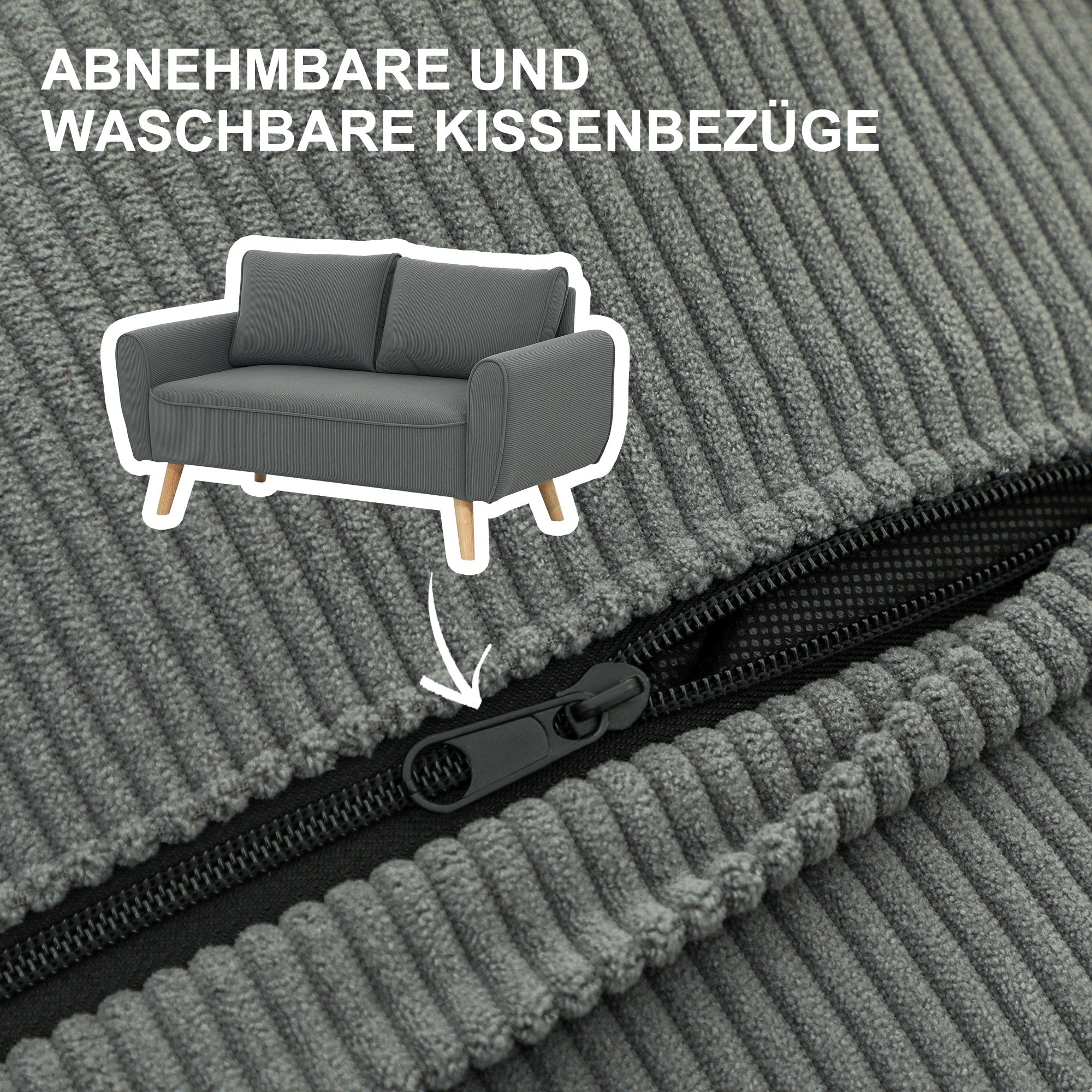 Two-Seater Sofa with 2 Pillows, Upholstered Sofa with 54cm Extra Deep Seats, Double Sofa in Corduroy, Small Sofa with Wood Frame 2-Seater Couch for Living Room Bedroom Office, 145 x 75 x 78 cm, Dark Gray