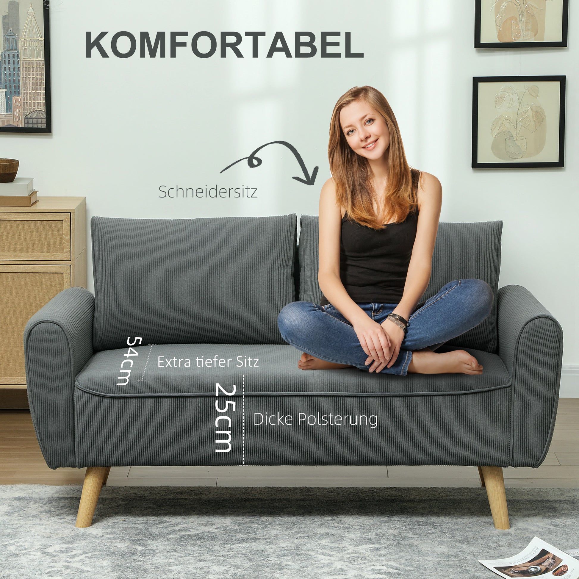 Two-Seater Sofa with 2 Pillows, Upholstered Sofa with 54cm Extra Deep Seats, Double Sofa in Corduroy, Small Sofa with Wood Frame 2-Seater Couch for Living Room Bedroom Office, 145 x 75 x 78 cm, Dark Gray