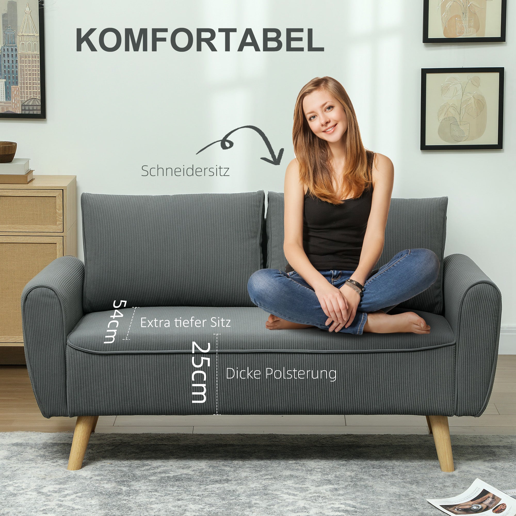 Two-Seater Sofa with 2 Pillows, Upholstered Sofa with 54cm Extra Deep Seats, Double Sofa in Corduroy, Small Sofa with Wood Frame 2-Seater Couch for Living Room Bedroom Office, 145 x 75 x 78 cm, Dark Gray