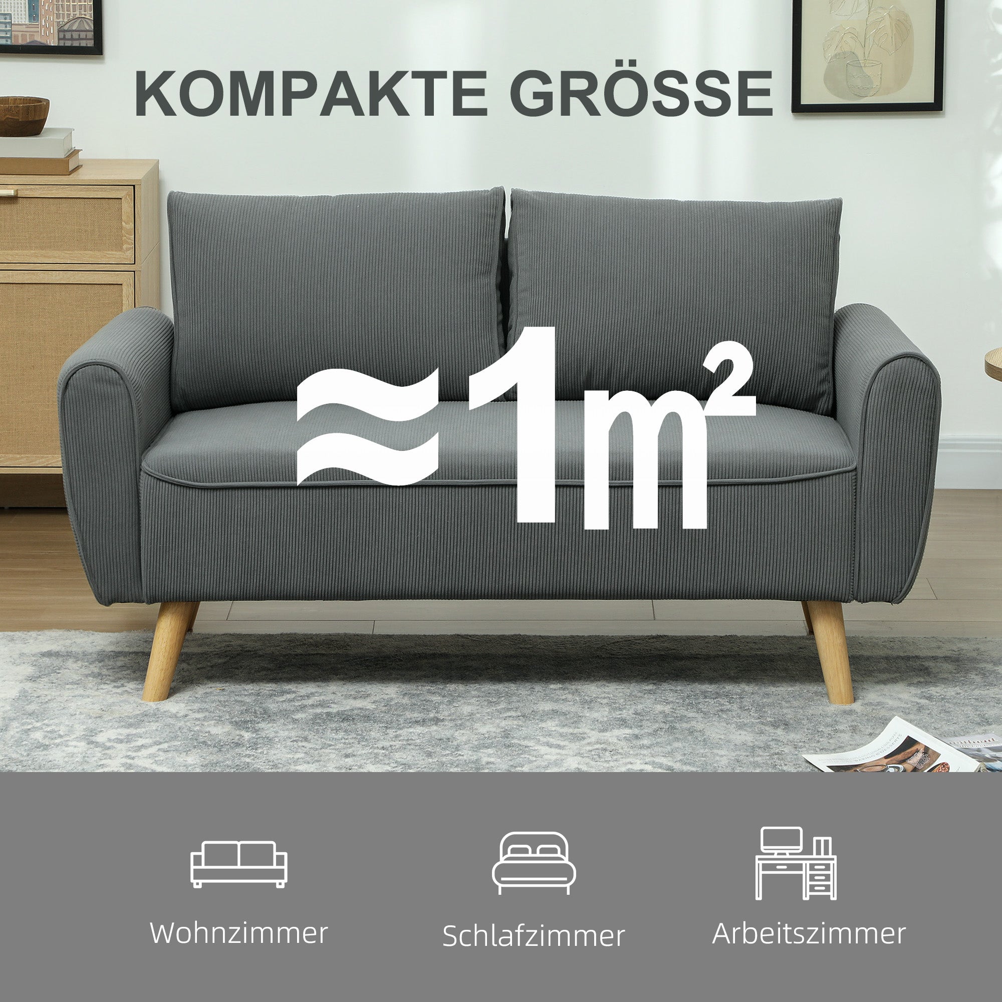Two-Seater Sofa with 2 Pillows, Upholstered Sofa with 54cm Extra Deep Seats, Double Sofa in Corduroy, Small Sofa with Wood Frame 2-Seater Couch for Living Room Bedroom Office, 145 x 75 x 78 cm, Dark Gray