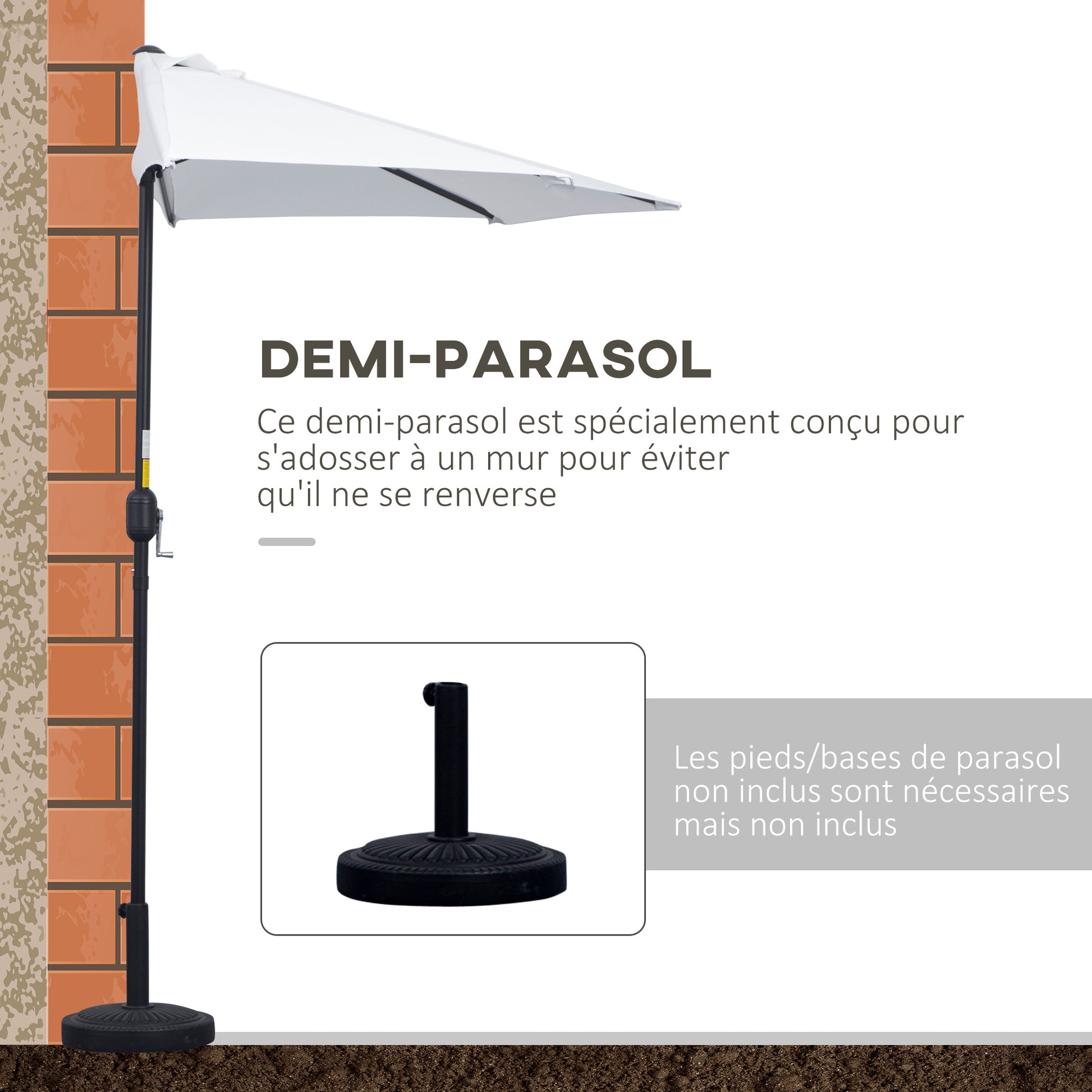 Half Parasol Ø 2.6 m, balcony parasol 5 steel ribs polyester cream